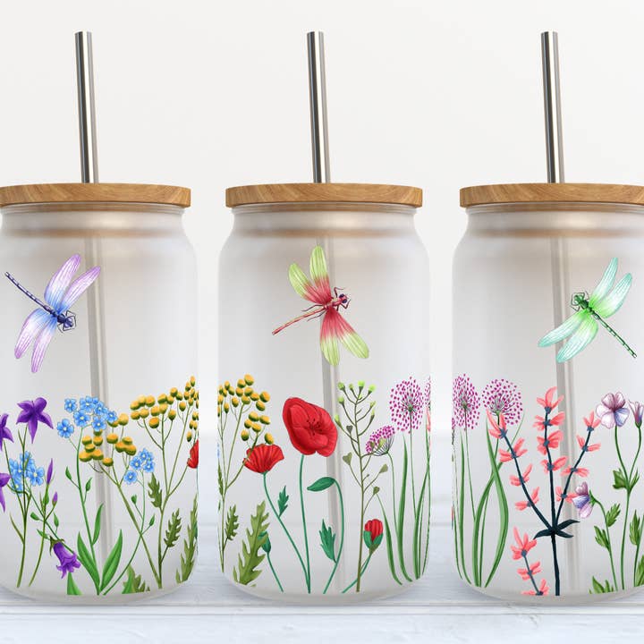 The Potted Oasis - Vente Verre/tasse - Gobelet en verre Dragonfly Wildflowers
