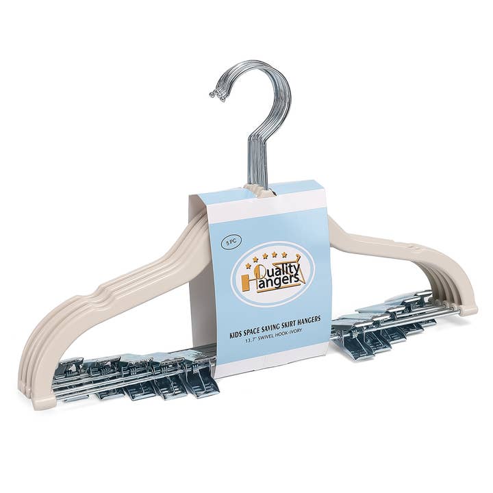P416 – 13.7" Kids Slim Ivory ABS Hangers w/Clips – 5 Pack for wholesale by Quality Hangers