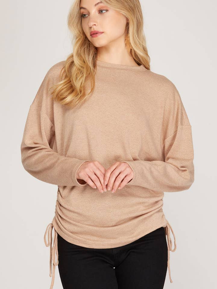 TAUPE TEXTURED KNIT LONG SLEEVES RUCHED SIDES DETAILED TOP for wholesale by Stylish Wholesale