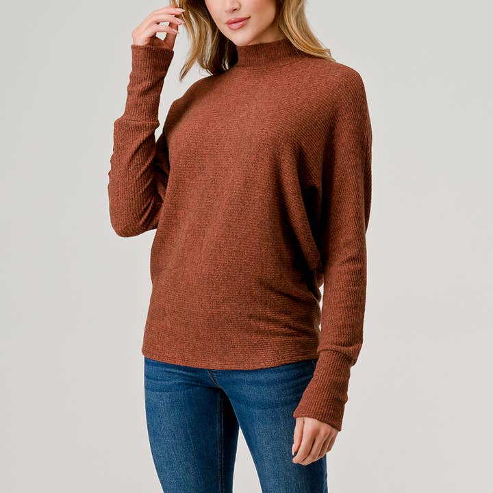 Heimious – Engroshandel Strikket top - Dame – Lang Dolman-ærmet ribstrikket top med mock-hals, T26141