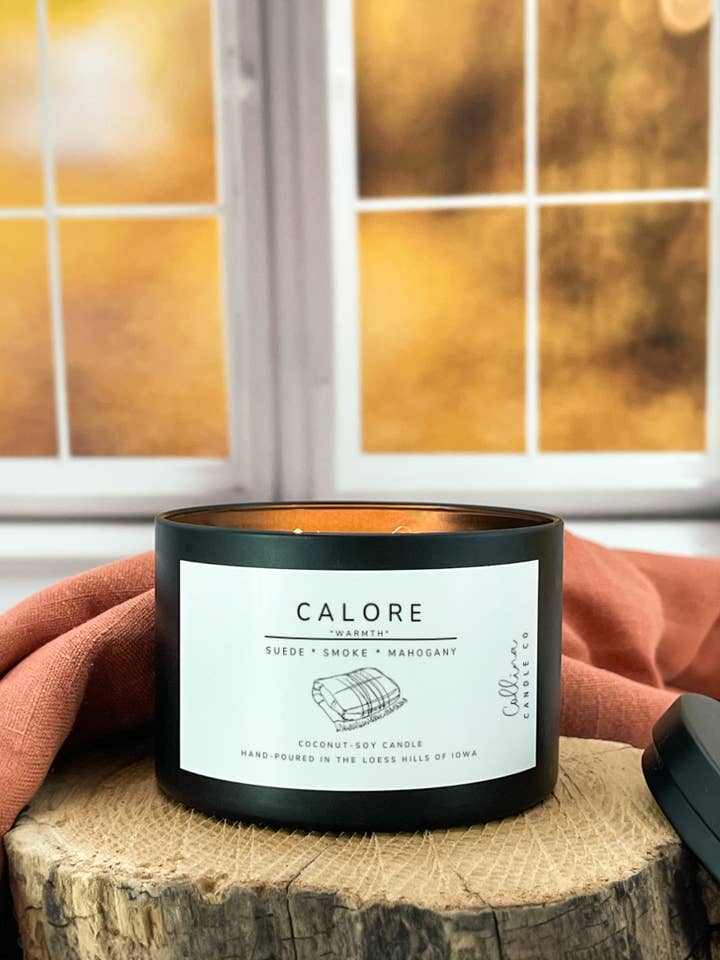 Calore 6 oz Fall Coconut-Soy Candle Suede Smoke Mahogany for wholesale by Collina Candle Co., LLC