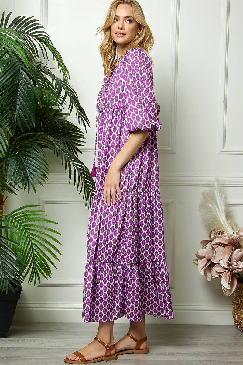 Purple Print Three Quarter Puff Sleeve Maxi Dress for wholesale on Faire7
