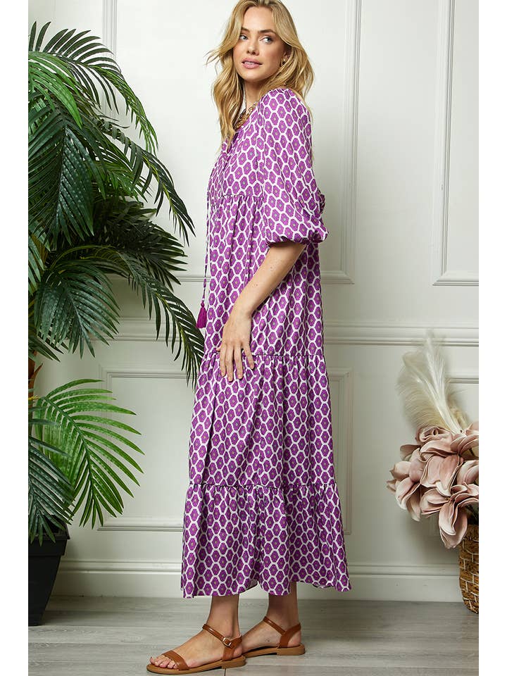 Purple Print Three Quarter Puff Sleeve Maxi Dress for wholesale on Faire7