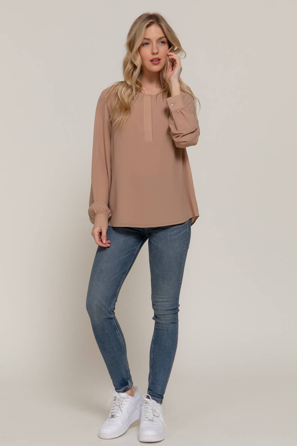 Active Basic | Active USA - Wholesale Blouse - Women's - Long Sleeve Round Neck with Hidden Placket Chiffon Blouse13