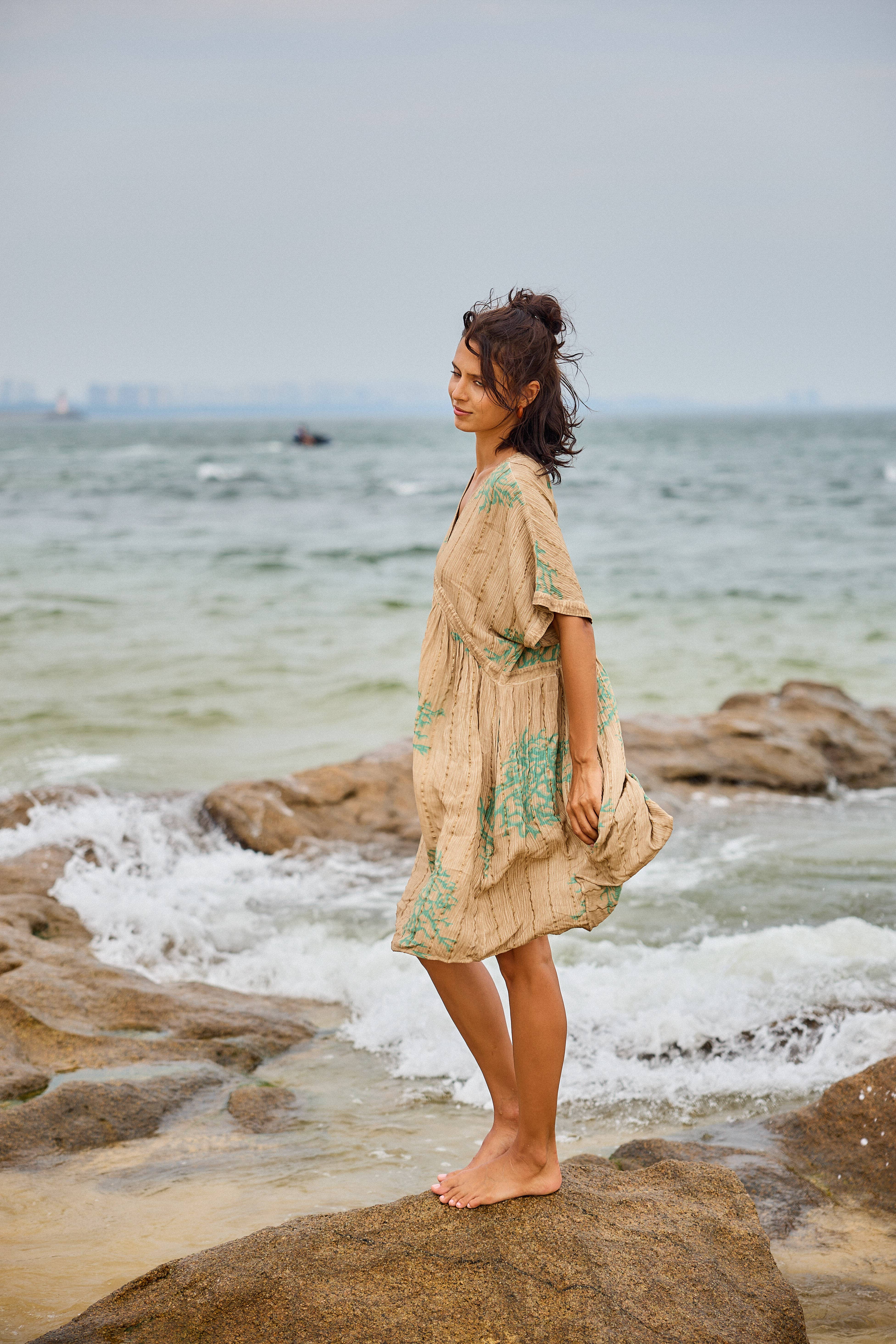 Beige Coral print mid-length dress, washed style with Lurex for wholesale on Faire4