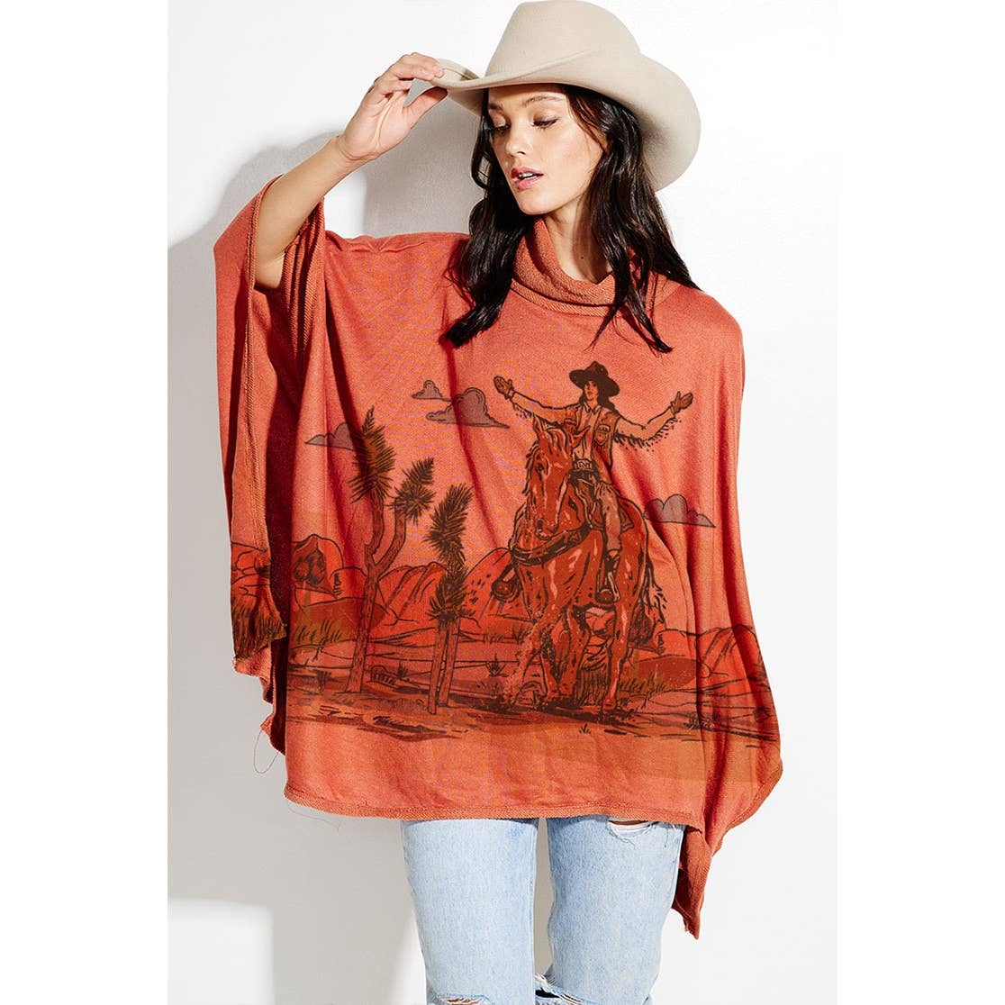 Phil Love – Großhandel Poncho – Damen – Poncho mit Rollkragen und Cowgirl-Print im Rodeo-Design3