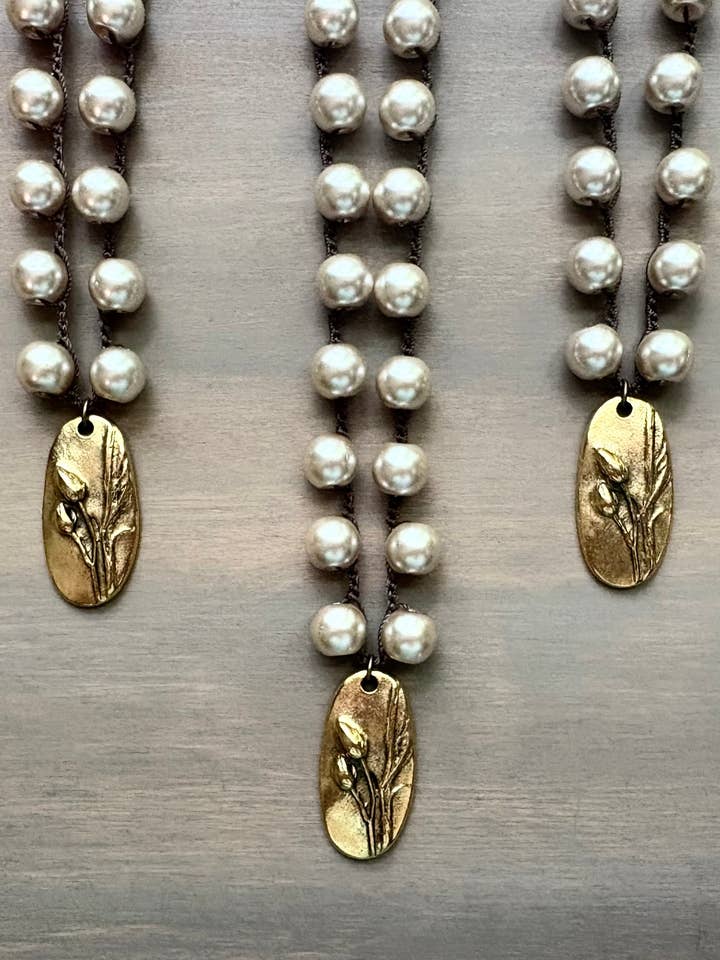 Long Classic Glass Pearl Necklace And Handmade Marsh Flower Charm for wholesale by Twist Style