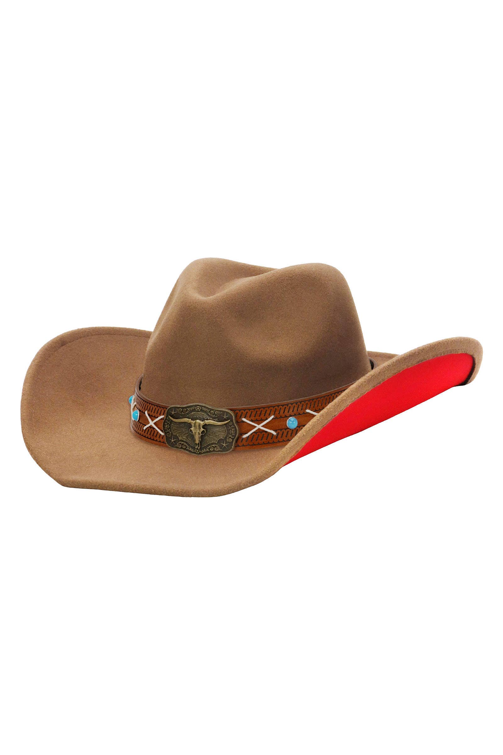 Cap Zone - Wholesale Cowboy Hat - Unisex - Longhorn Stitch Belt Two Tone Felt Cowboy Hat5