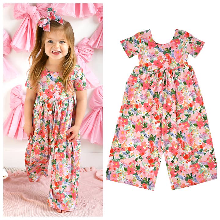 Eliana WIDE LEG ROMPER Easter Floral Bamboo Kids Outfit for wholesale by Gigi and Max