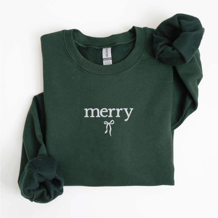 P E T I T R U E - Wholesale Graphic Sweatshirt - Women's - Embroidered Christmas Sweatshirt Holiday Crewneck Merry Bow