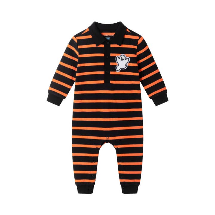 Infant Rugby Stripe Halloween Romper W/Ghost Patch | Black Ora Strp for wholesale by Andy & Evan