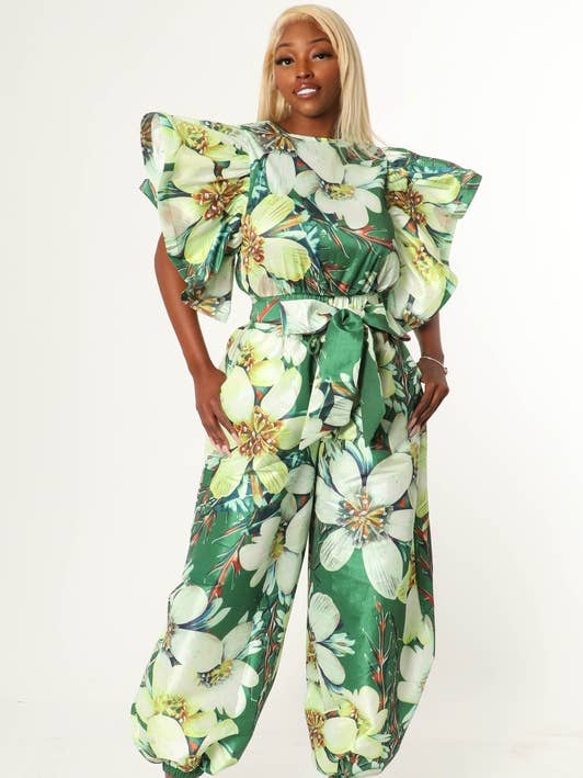 BJ's Closets - Wholesale Top & Pant Set (NOT Loungewear) - Women's - MULTI FLORAL RUFFLE SHOULDER CROP TOP OVERSIZE JOGGER SET