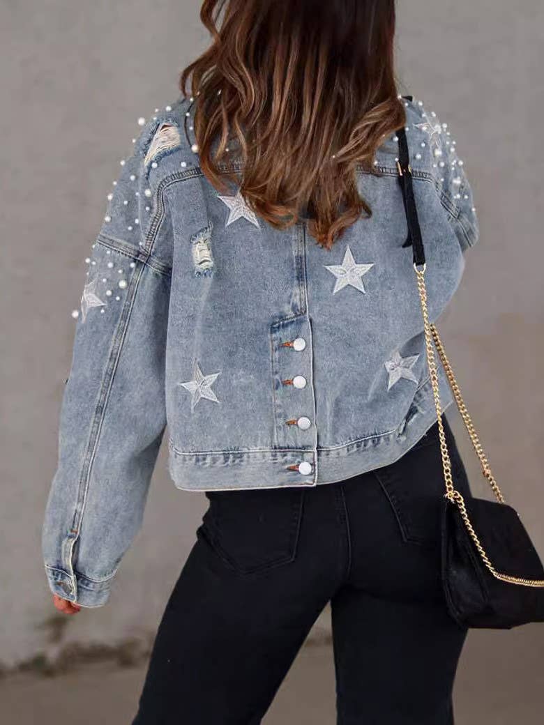 Rosa Clothing - Wholesale Jacket - Women's - Western Pearl stud boxy denim jacket9