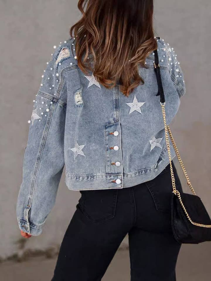 Rosa Clothing - Wholesale Jacket - Women's - Western Pearl stud boxy denim jacket9