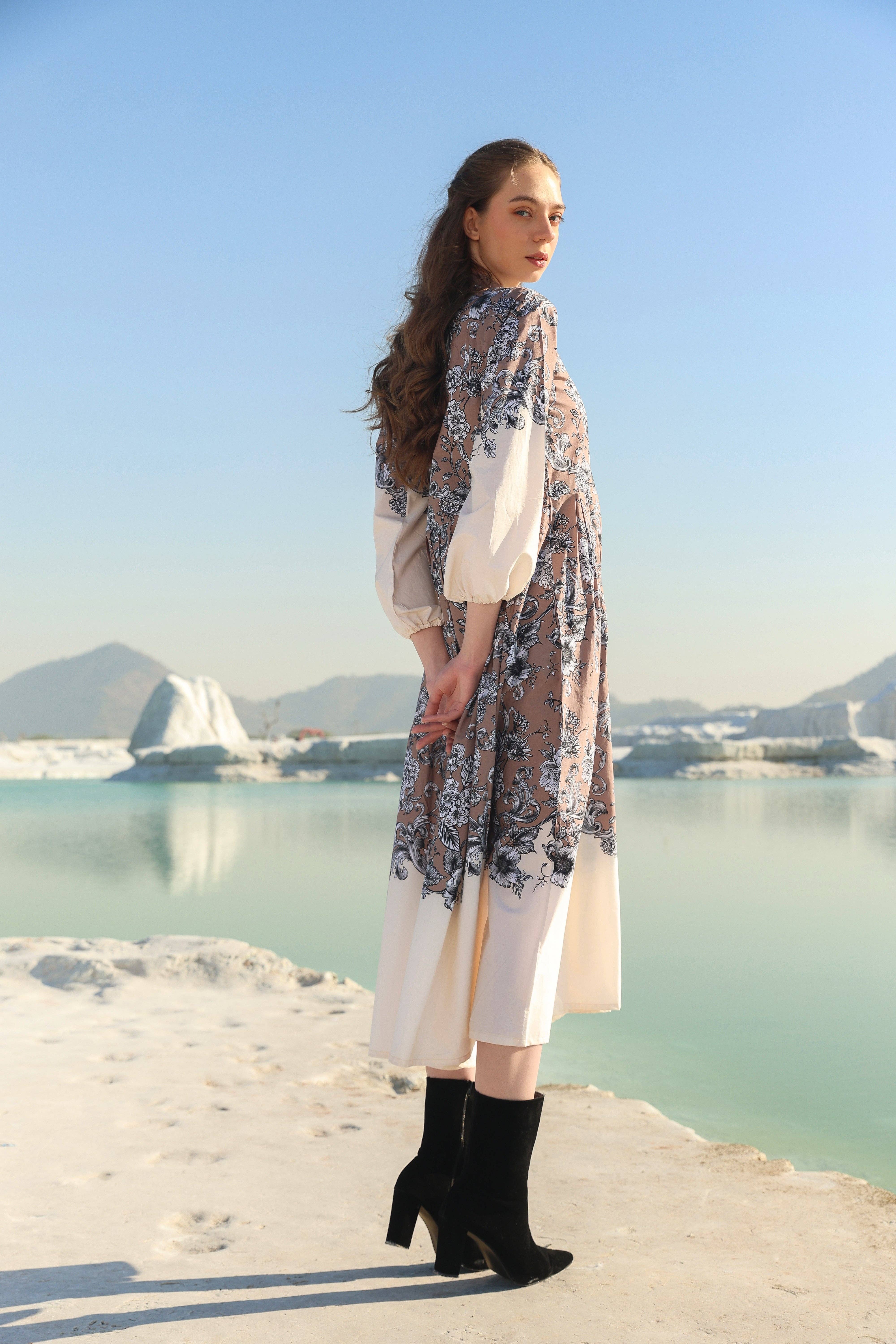 Brown Cocoa floral tier Midi dress for wholesale on Faire3