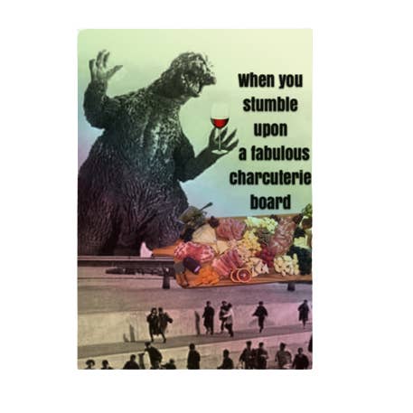 Holographic Charcuterie WineZilla Sticker for wholesale by Shitty Wine Memes