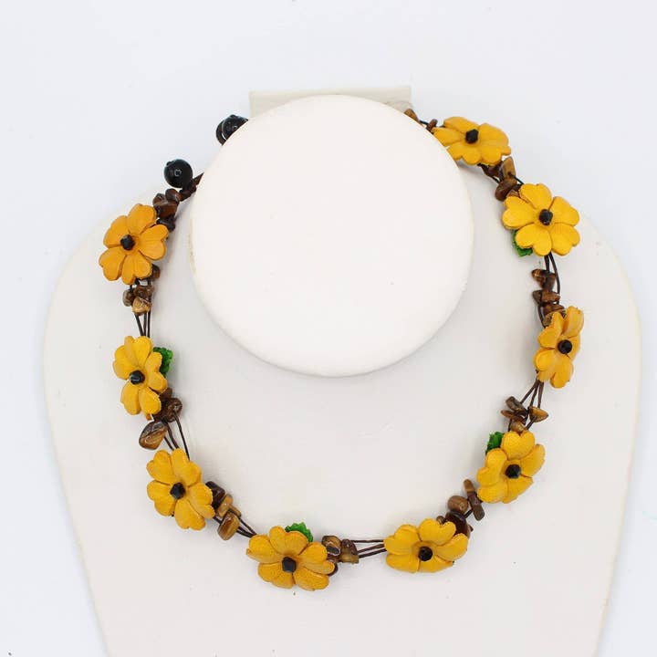leather flower necklace with crystal stone choker for wholesale by Sunflower Handmade leather inc