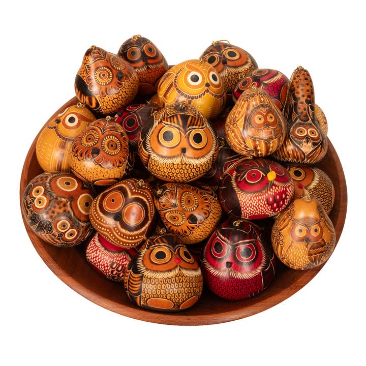 Owls Mix - Gourd Ornament - Artist Made for wholesale by Lucuma Designs