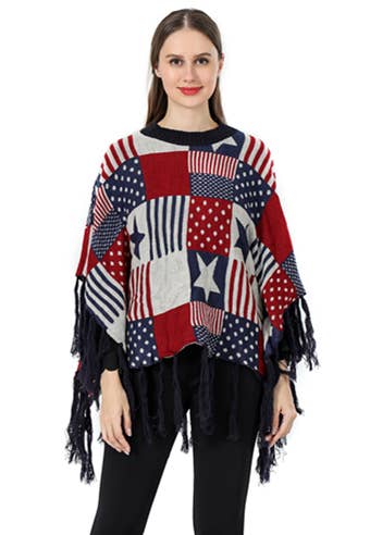 Shine Mark Accessories – Poncho - Mulher por atacado – Poncho de xadrez estrelado com franjas0