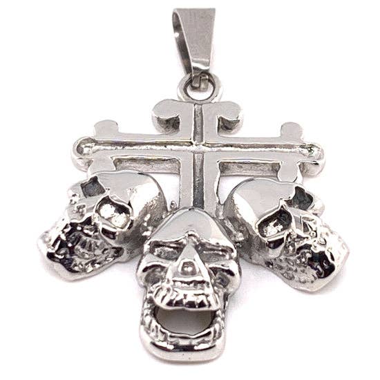 Stainless Steel Triple Skulls On Cross Pendant for wholesale by WJW