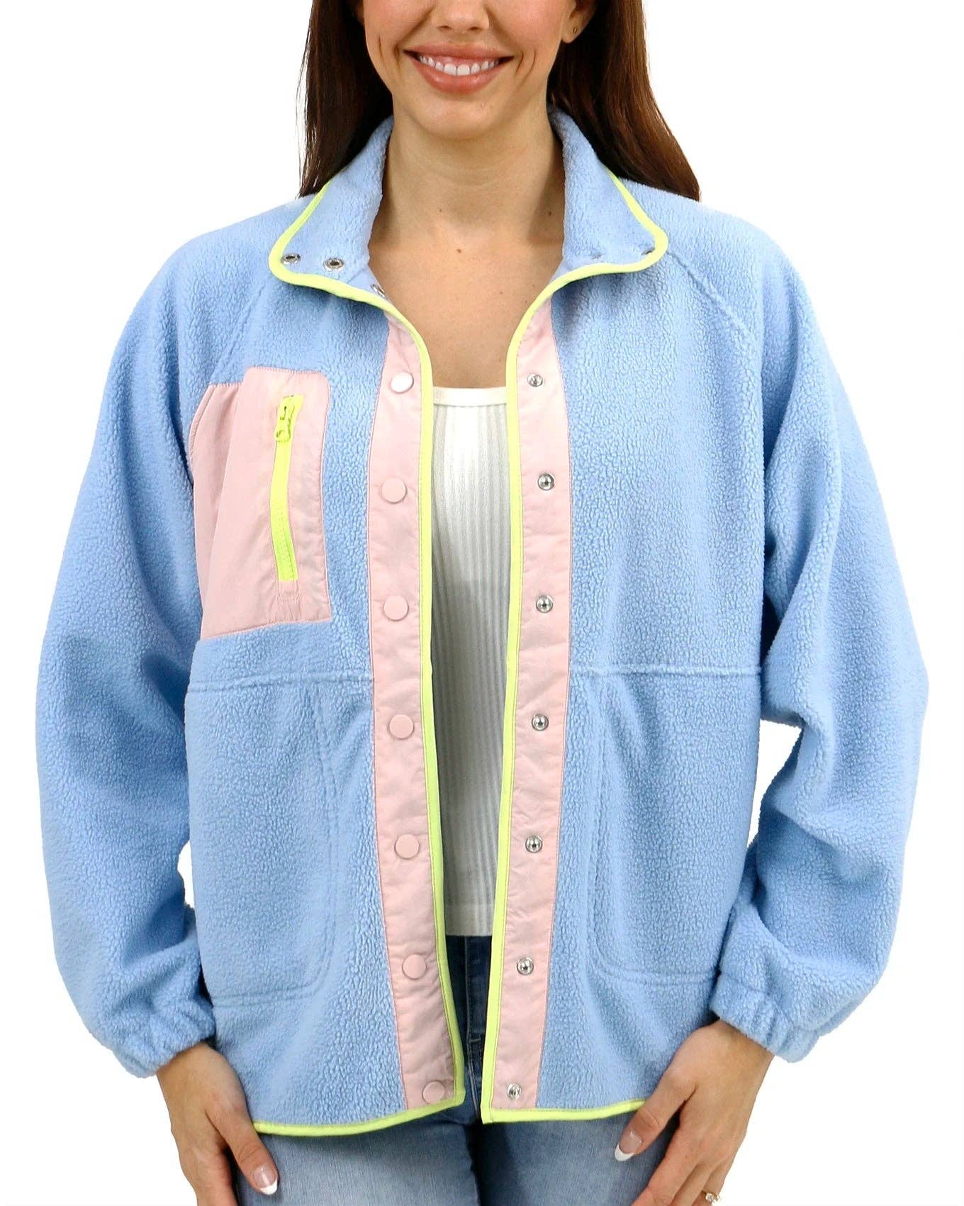 Blau-Rouge Colorblock-Fleecejacke in Blau-Rosa für den Großhandel auf Faire7