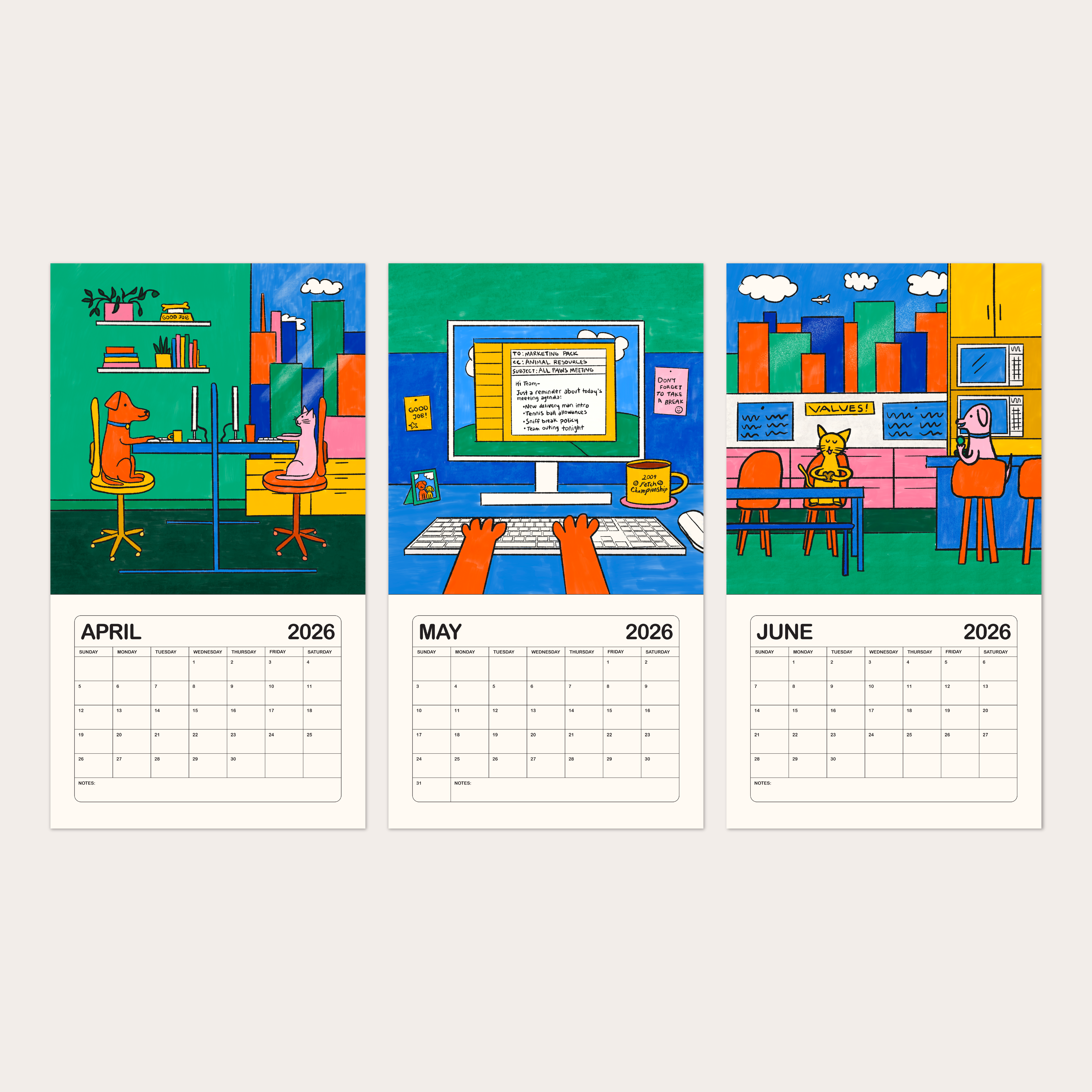 Gab Art & Design – wholesale Calendar – 2026 illustrated wall calendar: a day in the life of corporate cats + dogs5