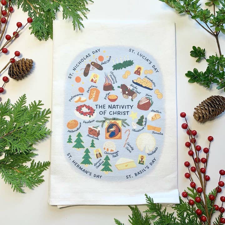 Festal Foods Tea Towel for wholesale by DRAW NEAR DESIGNS, LLC