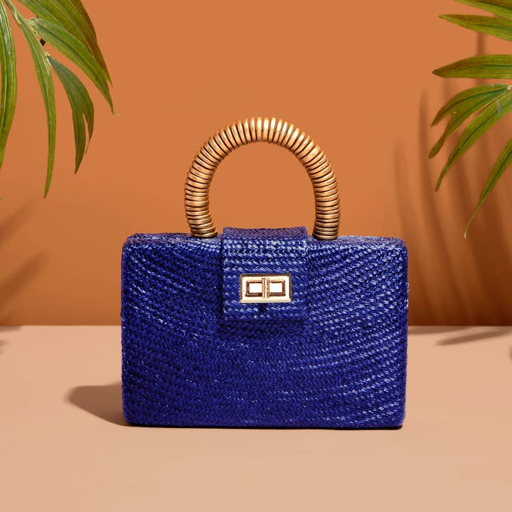 Royal Blue Straw Clutch | Gold Bead Handle | Artisanal Luxe for wholesale by Soli & Sun