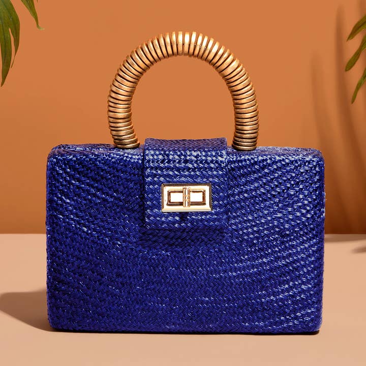 Royal Blue Straw Clutch | Gold Bead Handle | Artisanal Luxe for wholesale by Soli & Sun