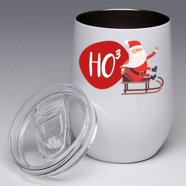 Liane Fried Studio - Wholesale Insulated Mug/Tumbler - HO3 (Ho Ho Ho) Holiday Stemless Wine Glass Tumbler0