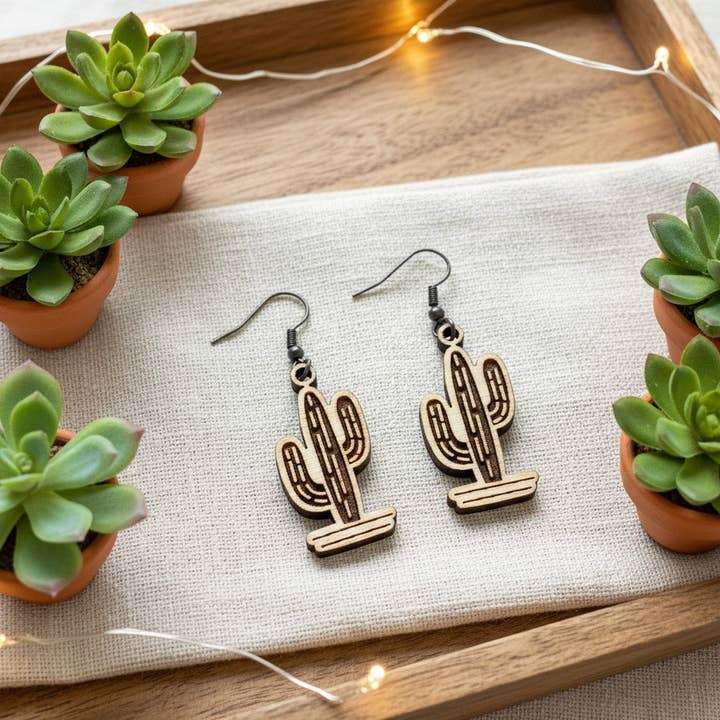 Cactus Engraved Wood Earrings© by Aurora North Home™ for wholesale by Aurora North Home