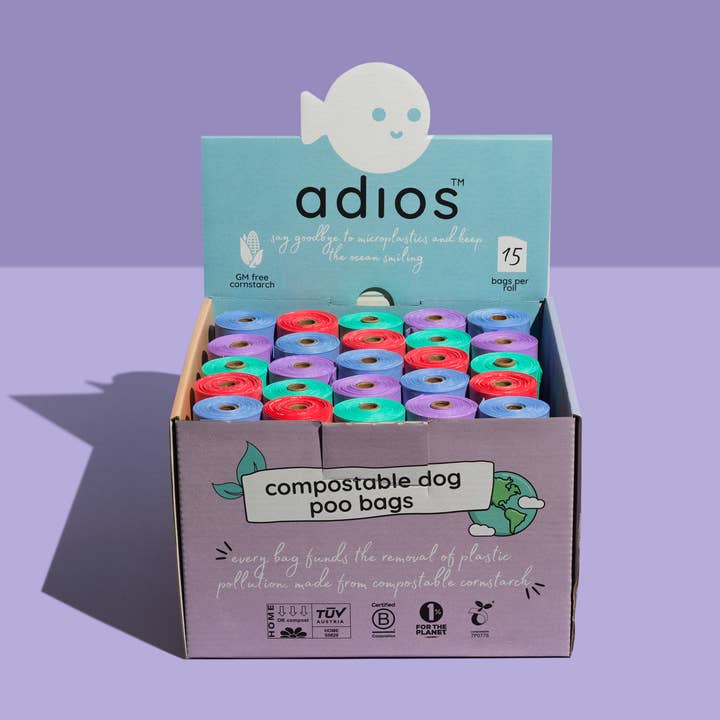 Compostable Poo Bags Counter Top Display - 50 Rolls/750 bags for wholesale by Adios Plastic