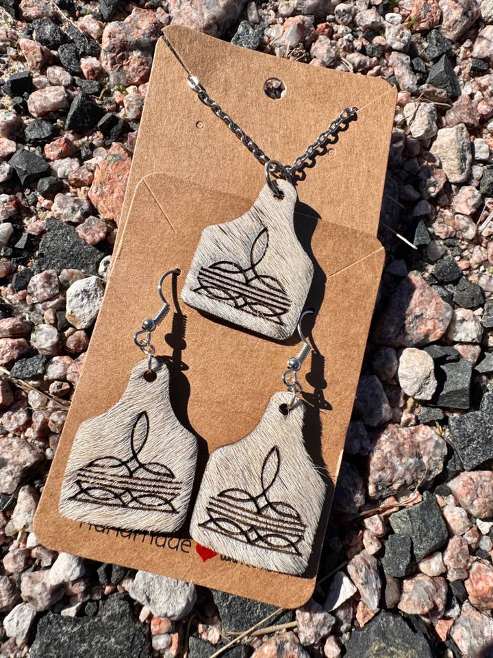 Cowhide Boot Stitch Necklace & Earring Set for wholesale by Twisted Iron Wholesale