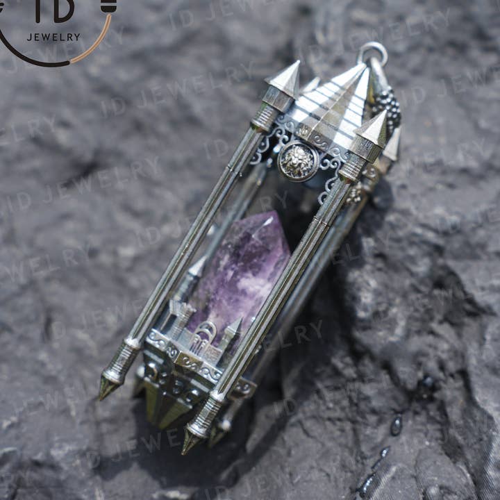 Architectural Amethyst Pendant|Natural Crystal Wrapped in Silver Columns|Focus Symbol for the Soul|Mystical Gothic Gift for Her for wholesale by idjewelry