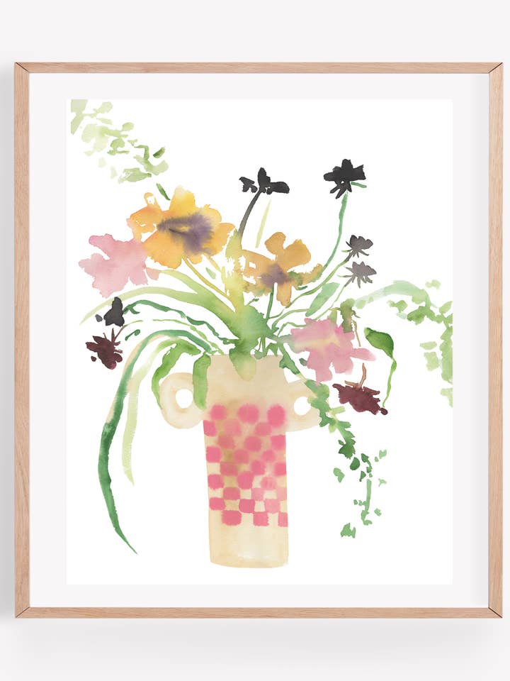 Impression artistique d'arrangement floral en vase à damier (disponible en plus grand) pour la vente par Persika Design Co.