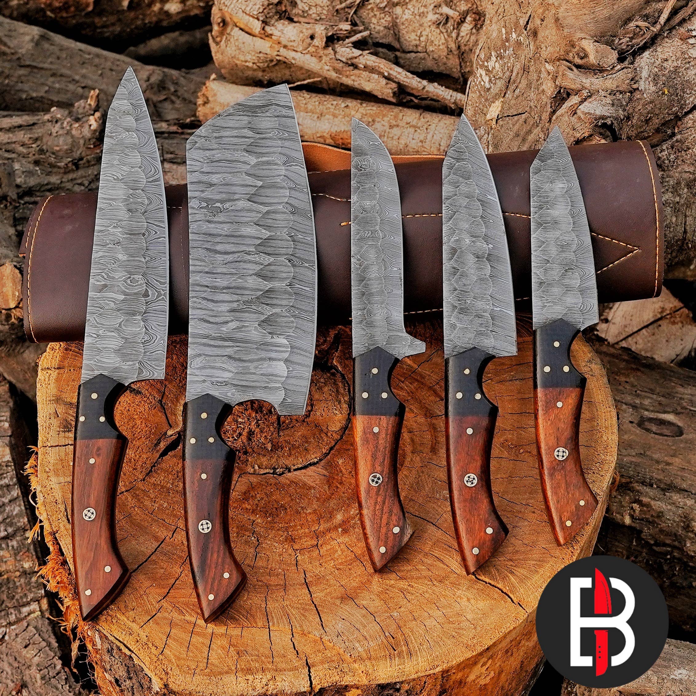 Bravohandicrafts - Wholesale Knife set - Damascus Steel Chef Set Hand Forged BBQ 5 Pcs Kitchen Knives2