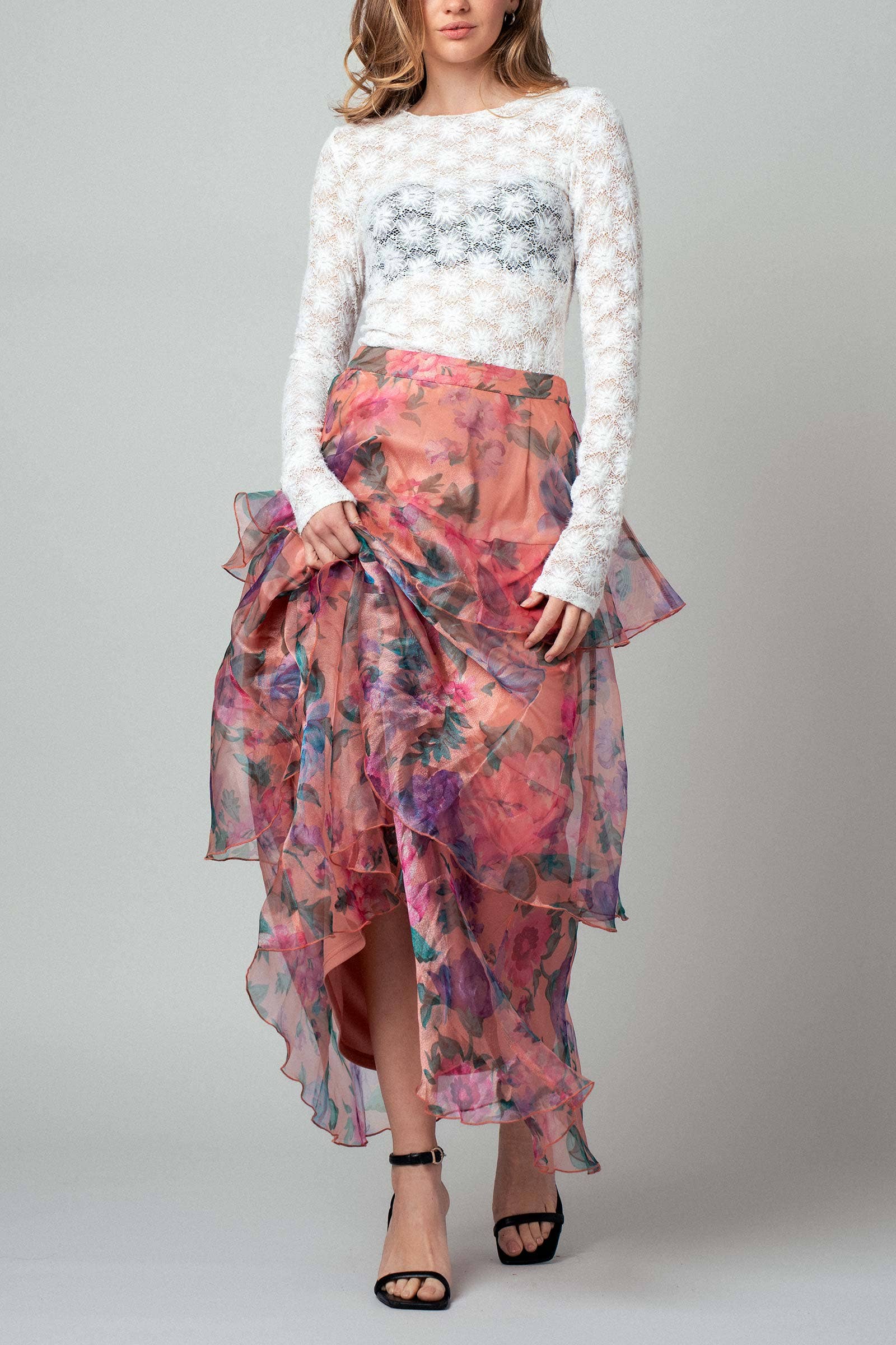 PEACH MULTI Sheer Floral Print Tiered Organza Maxi Skirt for wholesale on Faire9