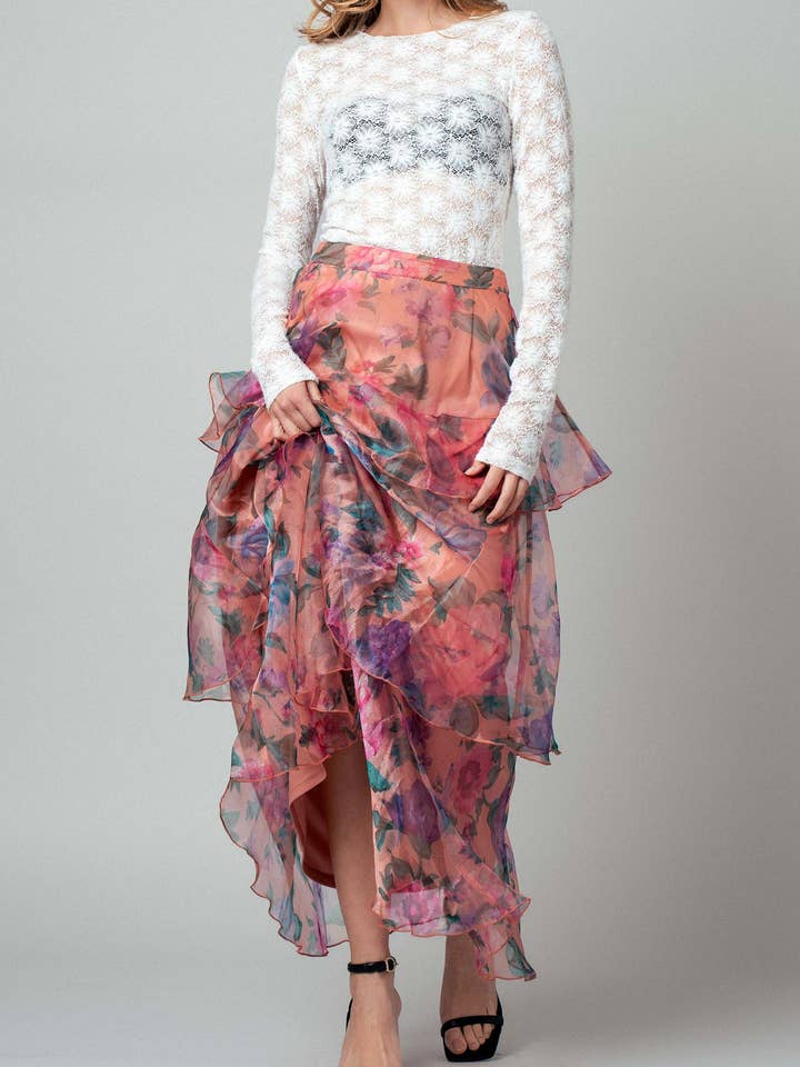PEACH MULTI Sheer Floral Print Tiered Organza Maxi Skirt for wholesale on Faire9