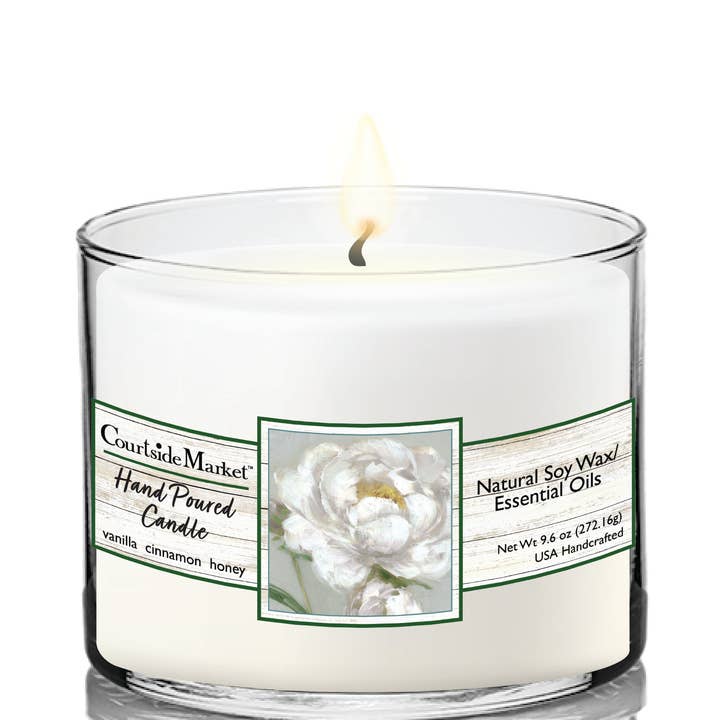 Courtside Market Peony Detail I Circular Candle Glass 9.6 oz for wholesale by Courtside Market