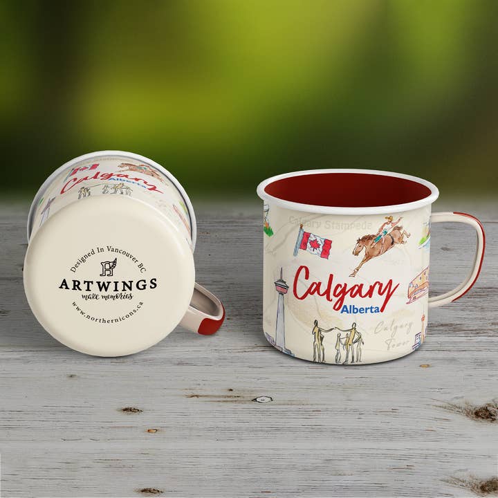 Northern Icons Canada – wholesale Coffee mug – Calgary Alberta 500ml Enamel Mug – Illustrated Metal Camping Cup for Outdoor and Home Use