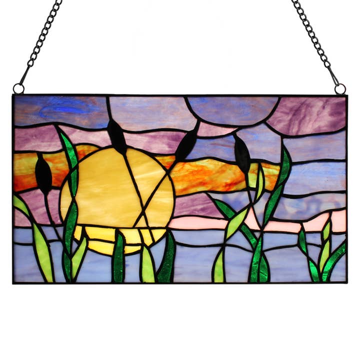 River of Goods - Wholesale Suncatcher - 8.25"H Purple Cattails at Sunset Stained Glass Window Panel1