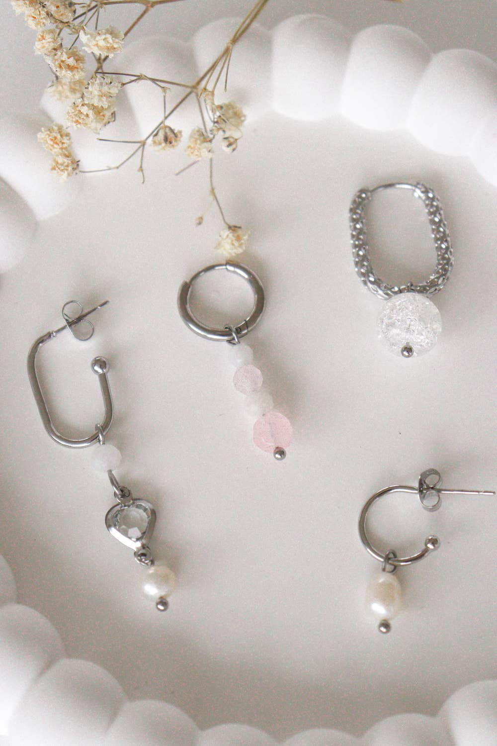 Saint Clairmont - Wholesale Huggie Earrings - Moonstone & Rose Quartz Earrings - Silver2