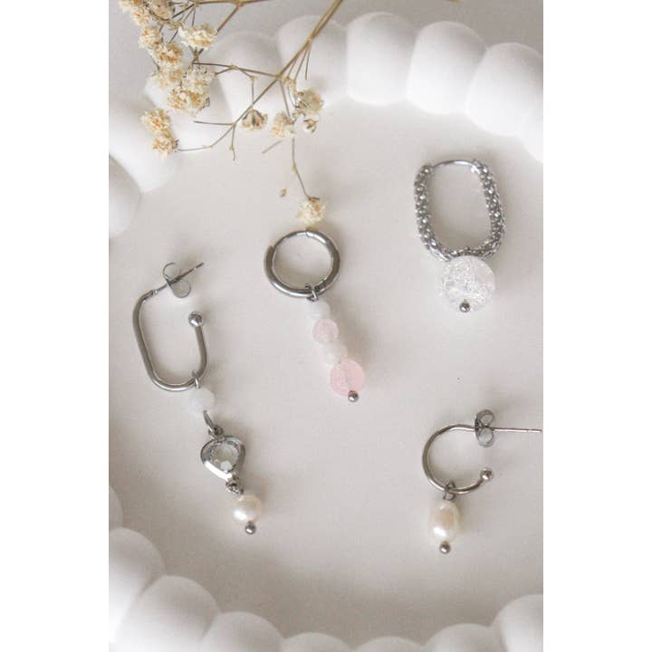Saint Clairmont - Wholesale Huggie Earrings - Moonstone & Rose Quartz Earrings - Silver2