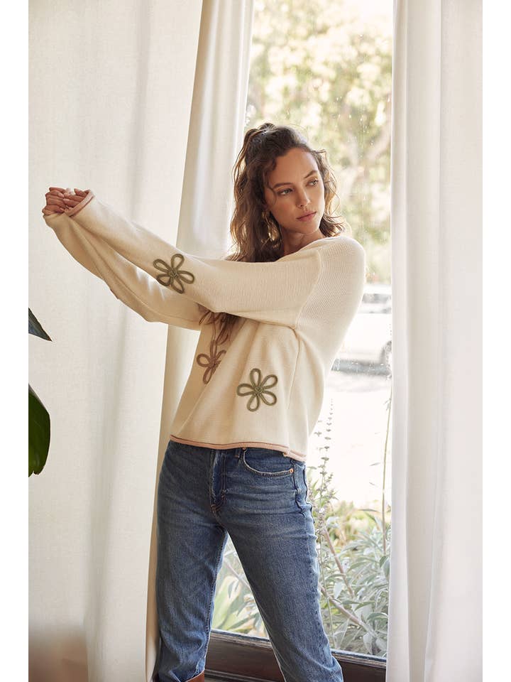 in february - Wholesale Knit Sweater - Women's - EFFORTLESS COMFORT CONTRAST FLORAL APPLIQUE SOFT SWEATER37