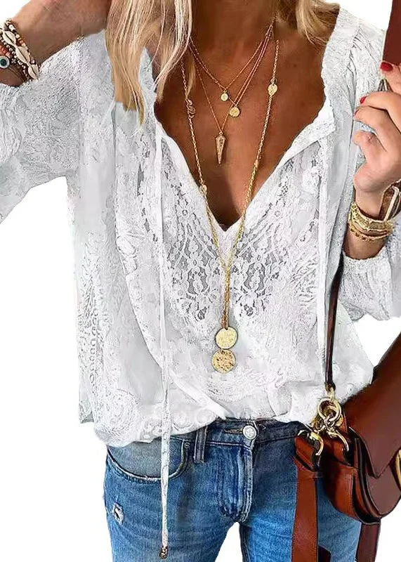 Fashion Combination - Wholesale Blouse - Women's - Lace Patchwork V-Neck Elegant Blouse2