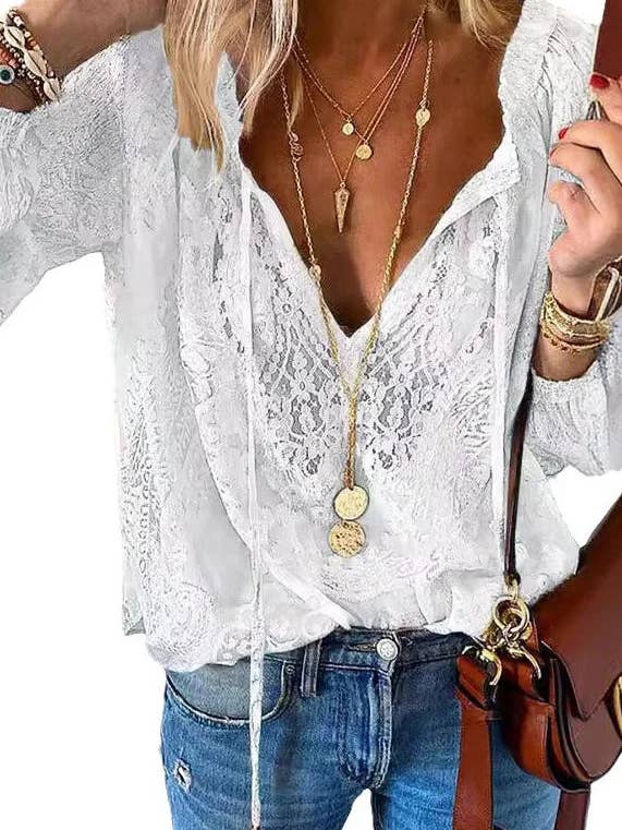 Fashion Combination - Wholesale Blouse - Women's - Lace Patchwork V-Neck Elegant Blouse2