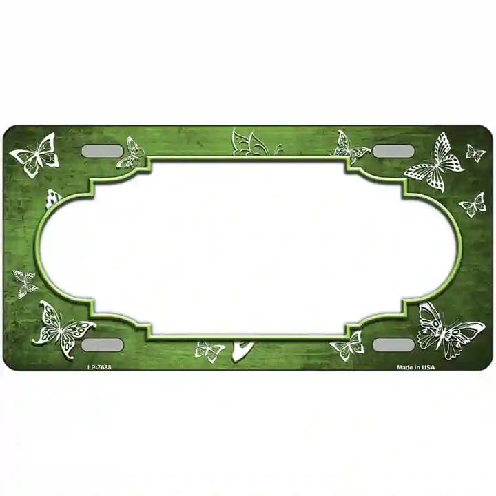 Lime Green White Scallop Butterfly Oil Rubbed License Plate for wholesale by Smart Blonde