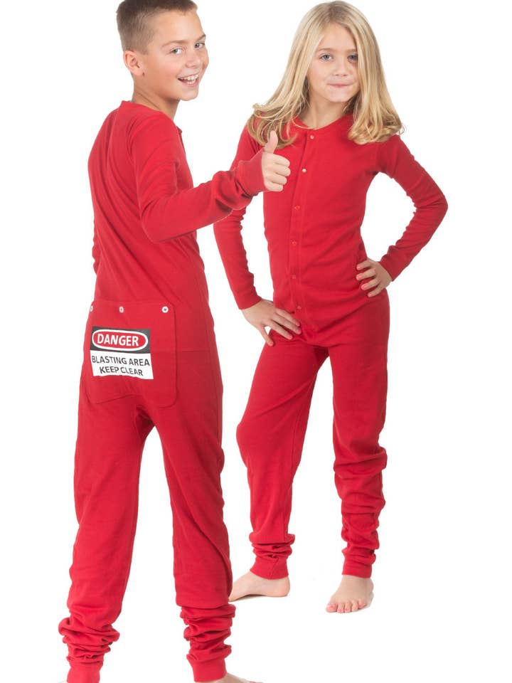 Big Feet Pajamas - Wholesale Sleepsuit - Baby - Kid's Red Union Suit Pajamas "DANGER BLAST AREA