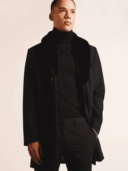Men Black Overcoat With Fur Collar Wool Topcoats for wholesale by Alberto Nardoni