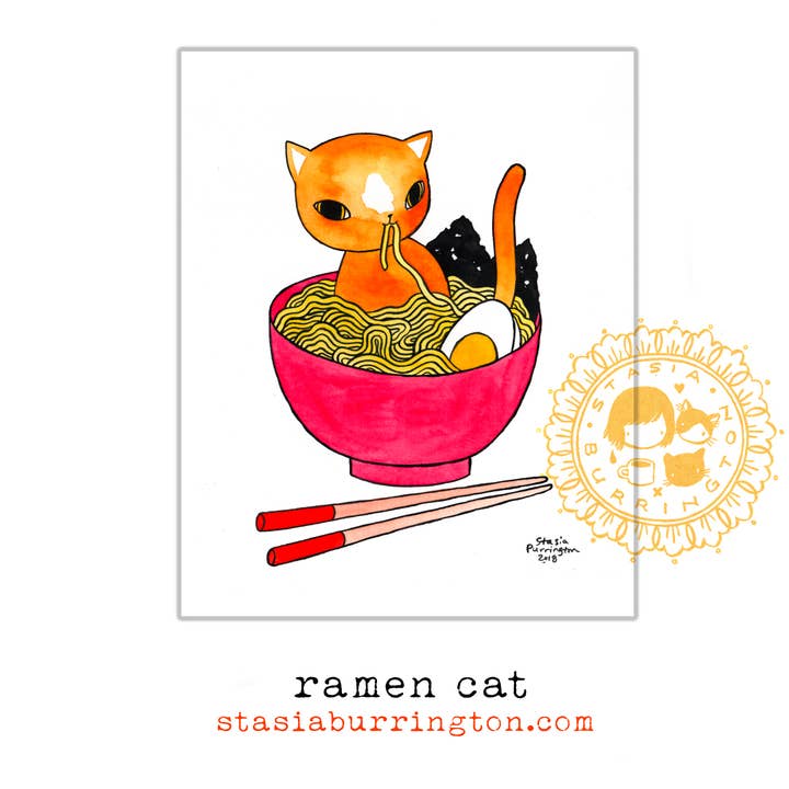 8 x 10" print - Ramen Cat for wholesale by Stasia Burrington Illustration